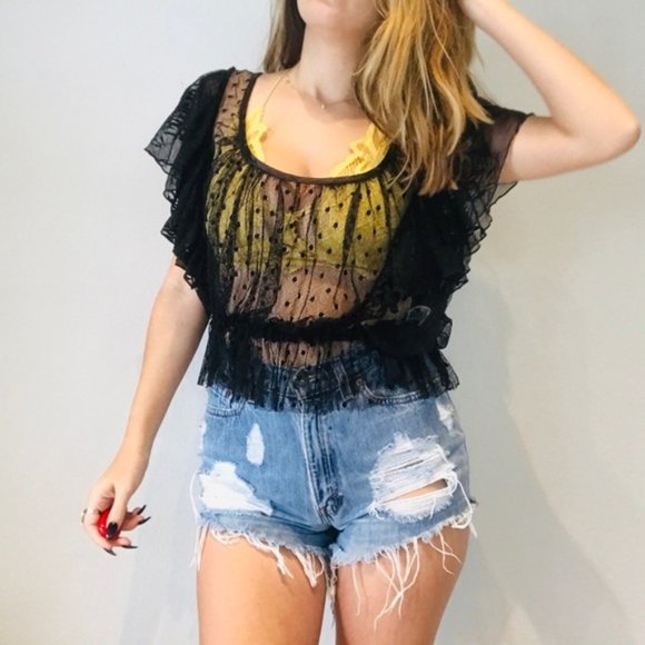 Free People black mesh polka dot ruffle top - Picture 6 of 7